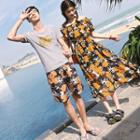 Couple Matching Flower Print Midi Dress / Shorts / Printed T-shirt