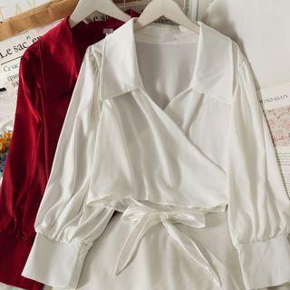 Ribbon-back Wrapped Crop Shirt