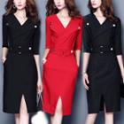 Front-slit Elbow-sleeve Sheath Dress