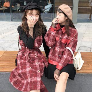 Set: Plain Long-sleeve T-shirt / Check Strappy Dress / Color-block Check Loose-fit Jacket
