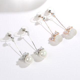 Rhinestone Bow Faux Pearl Dangle Earring