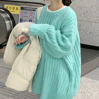 Round Neck Cable Knit Sweater Aqua Green - One Size