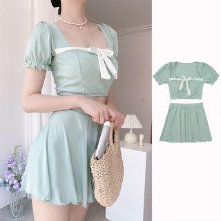 Set: Short Sleeve Square Neck Bow Accent Swim Top + Skirt + Shorts