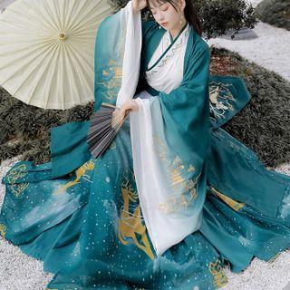 Hanfu Set Of 3 : Embroidered Long-sleeve Long Coat + Cross-collar Long-sleeve Top + Semi-body Print Maxi Skirt