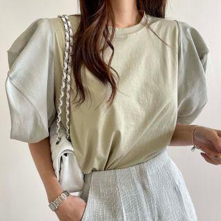 Puff-sleeve Two-tone T-shirt