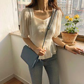 Short-sleeve Tie Waist Plain Blouse