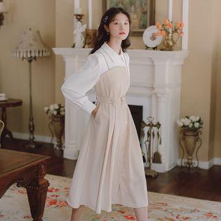Mock Two-piece Long-sleeve Belted Midi A-line Shirtdress