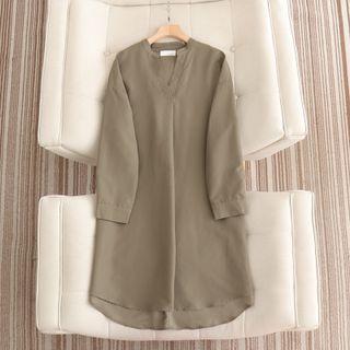 Long Sleeve Placket Plain A-line Dress