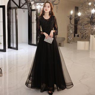 Long-sleeve Sequined Mesh A-line Gown