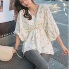 Puff-sleeve V-neck Printed Corset T-shirt
