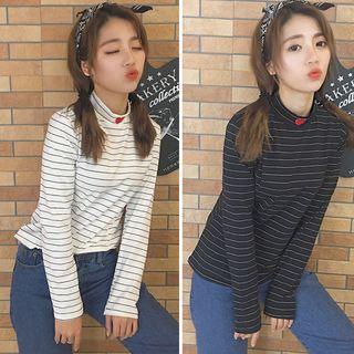 Heart Embroidered Striped Long Sleeve T-shirt