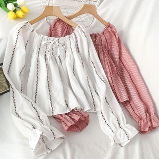 Long-sleeve Striped Shirred Top