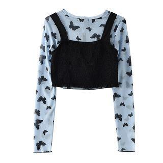 Set: Butterfly Print Long-sleeve Slim-fit Top + Sleeveless Top