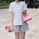 Short-sleeve Lettering Side-slit T-shirt / High-waist Plain Mesh Skirt