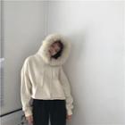 Faux Fur Collar Long-sleeve Hooded Pullover As Shown In Figure - One Size