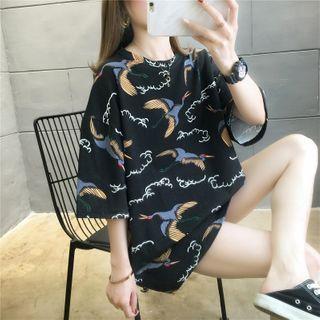Crane Print 3/4-sleeve T-shirt