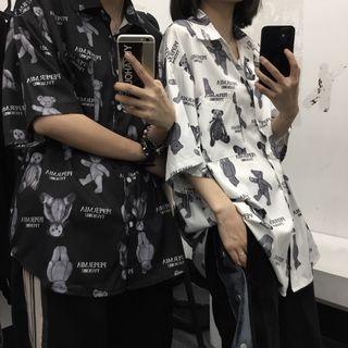 Couple Matching Short-sleeve Bear Print Button-up Shirt