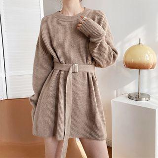 Long-sleeve Round-neck Plain Knit Dress