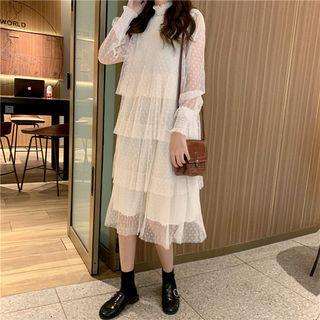 Dotted Long-sleeve Layered Midi Mesh Dress