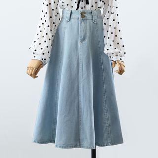 Denim Midi A-line Skirt / Contrast Collar Dotted Blouse