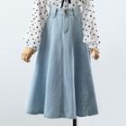 Denim Midi A-line Skirt / Contrast Collar Dotted Blouse