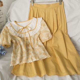 Set: Patchwork Button-up Floral Top + Pleated Midi Skirt