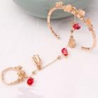 Wedding Faux Crystal Alloy Flower Chained Open Bangle Ring Gold - One Size