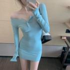 Long-sleeve Mini Sheath Dress Aqua Blue - One Size