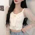 Mesh Bell-sleeve Bow-detail Cropped Blouse Almond - One Size