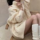 Turtleneck Cold-shoulder Cable Knit Sweater Off-white - One Size