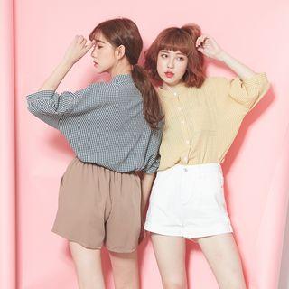 Stand Collar Elbow Sleeve Plaid Blouse