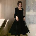 Long-sleeve Square-neck Plain Gold Velvet Dress