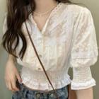 Puff-sleeve Lace Trim Floral Sheer Blouse White - One Size