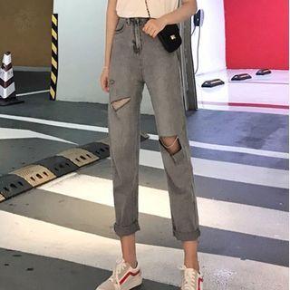 Cap-sleeve Lettering Cutout T-shirt / Distressed Straight-cut Cropped Jeans