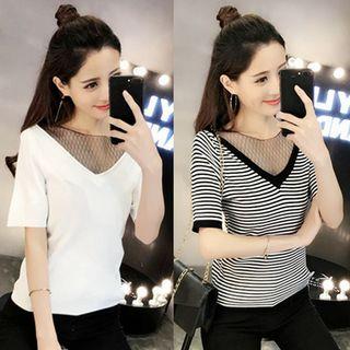Mock Two-piece Mesh Panel Short-sleeve Knit Top