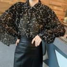 Lantern-sleeve Floral Print Chiffon Blouse Black - M