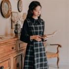 Long-sleeve Collared Top / Plaid Midi A-line Overall Dress