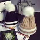Furry Ball Striped Cable Knit Beanie