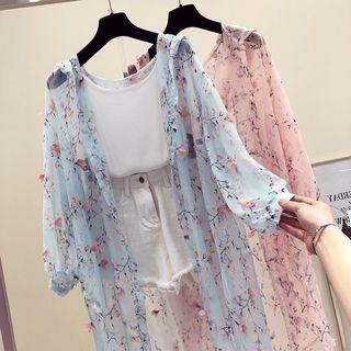 Floral Print Hooded Long Sheer Shirt