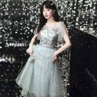 Short-sleeve Sequined A-line Evening Dress / Gown