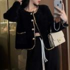 Contrast Trim Cropped Long-sleeve Jacket / High-waist Drawstring Wide-leg Pants