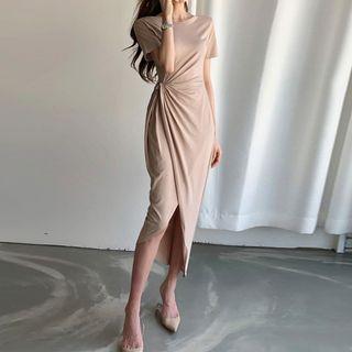 Short-sleeve Asymmetric Side-knot Midi Dress
