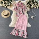 Set Of 2 : Print Chiffon Short-sleeve Top + Plain Panel Print Mermaid Skirt