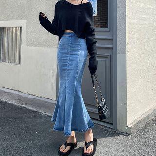 Denim Ruffle Fishtail Skirt