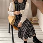 Floral Print Knit Midi Overall Dress / Plain Blouse