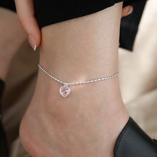 Rhinestone Heart Charm Anklet Silver & Pink - One Size