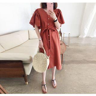 V-neck Flutter Short-sleeve Long Dress With Sash