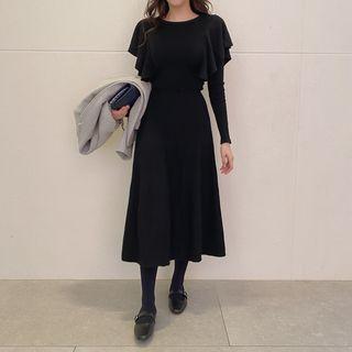 Ruffle-trim Long Knit Dress Black - One Size