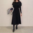 Ruffle-trim Long Knit Dress Black - One Size
