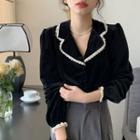 Long-sleeve Open-collar Lace Trim Velvet Blouse Black - One Size